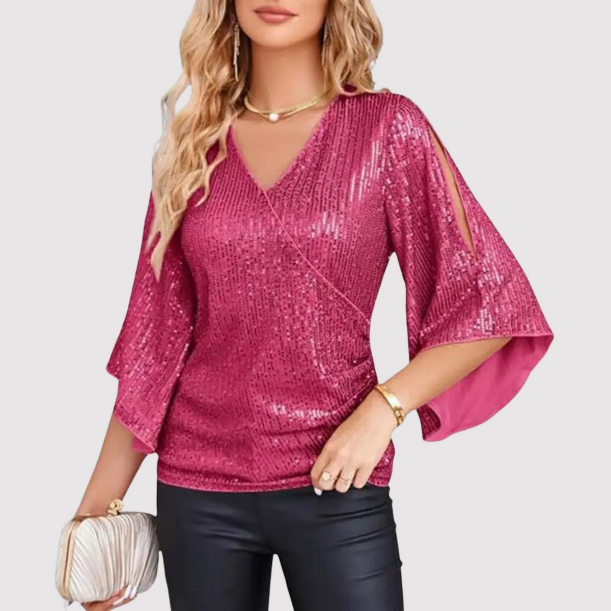 Festive Glitter Sequin Ladies Blouse with V-Neck