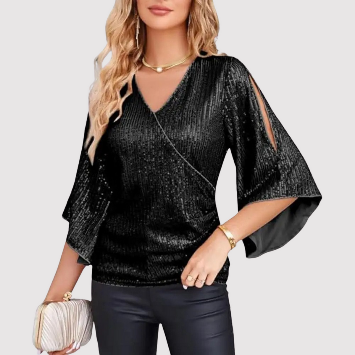 Festive Glitter Sequin Ladies Blouse with V-Neck