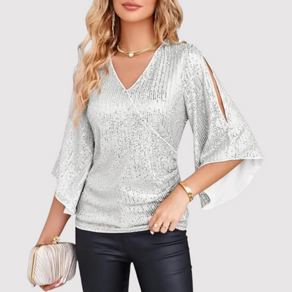 Festive Glitter Sequin Ladies Blouse with V-Neck