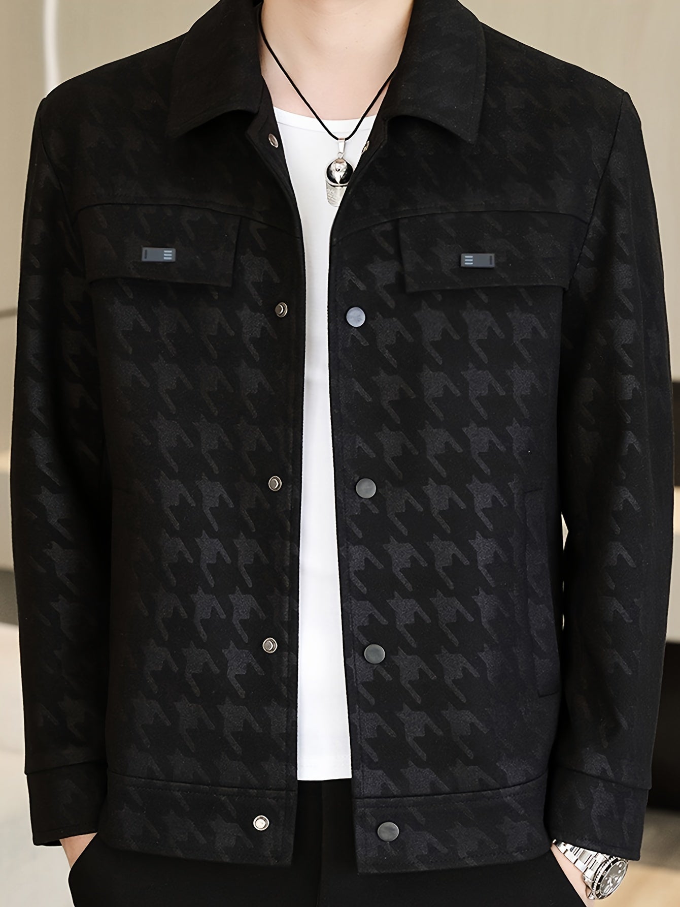 Men's Coat with Houndstooth Pattern and Fleece Lining