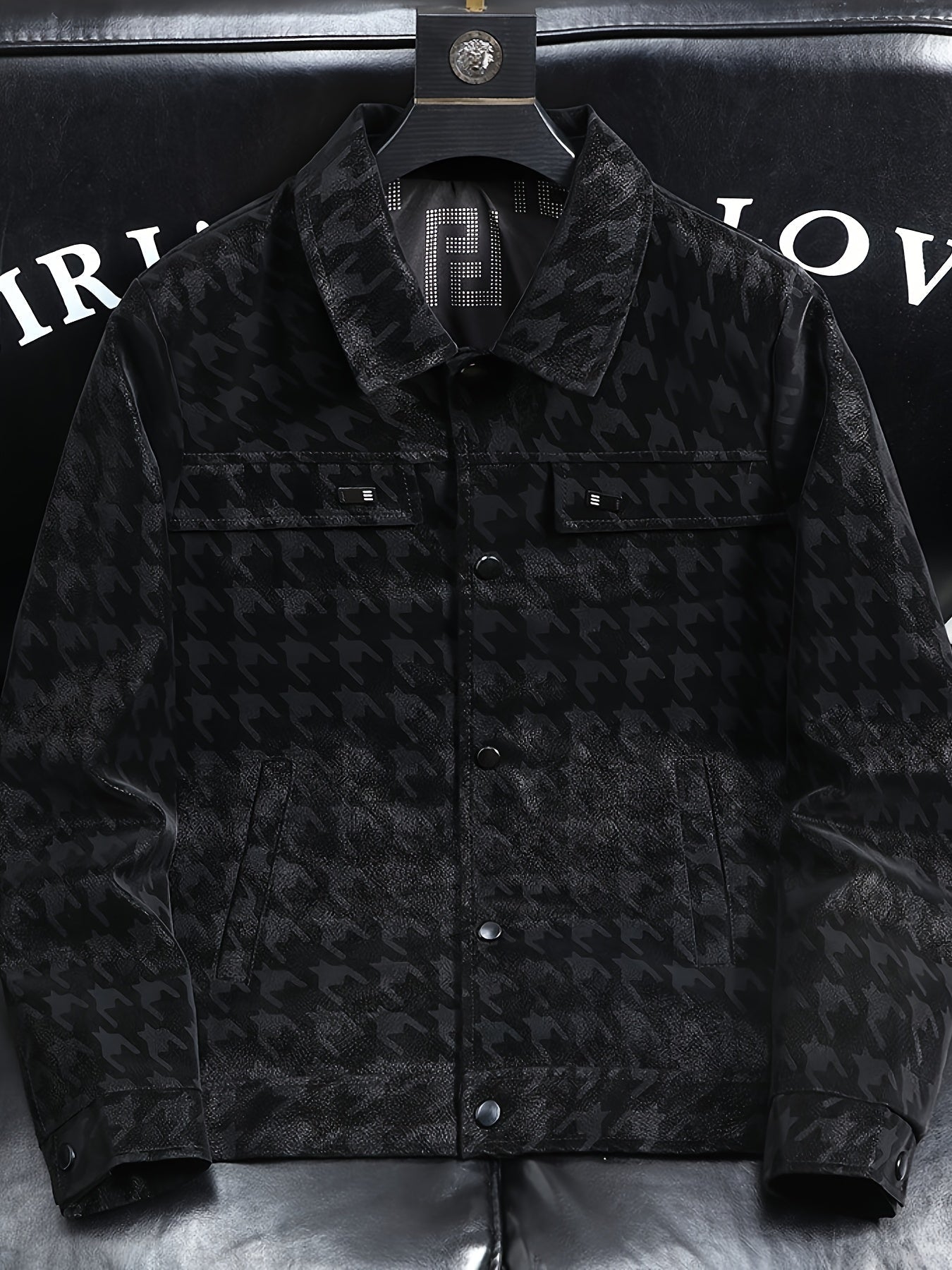 Men's Coat with Houndstooth Pattern and Fleece Lining