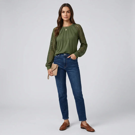 Blusa de encaje plisado de manga larga