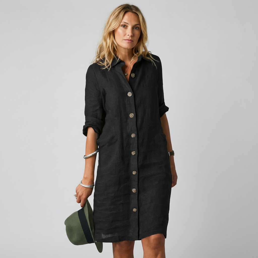 Vestido de linho elegante para mulher – com fecho de botões