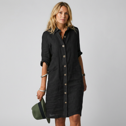 Vestido de linho elegante para mulher – com fecho de botões
