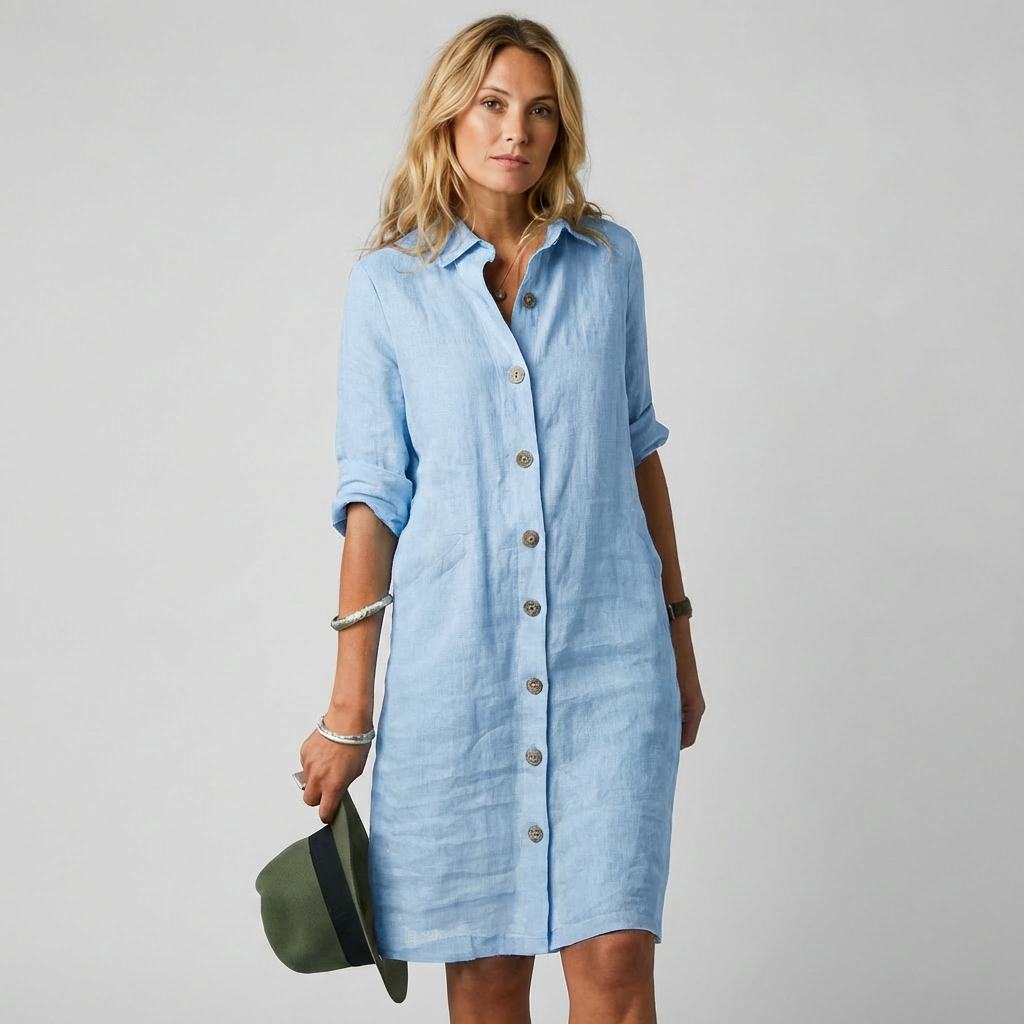 Vestido de linho elegante para mulher – com fecho de botões