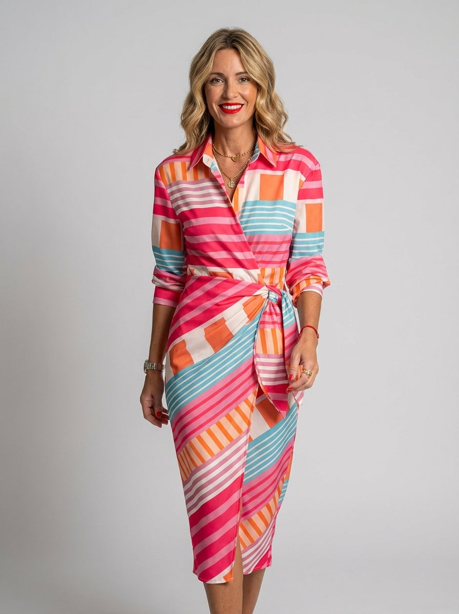 Ladies' Dress with Floral Print and Bow Belt for an Elegant Look