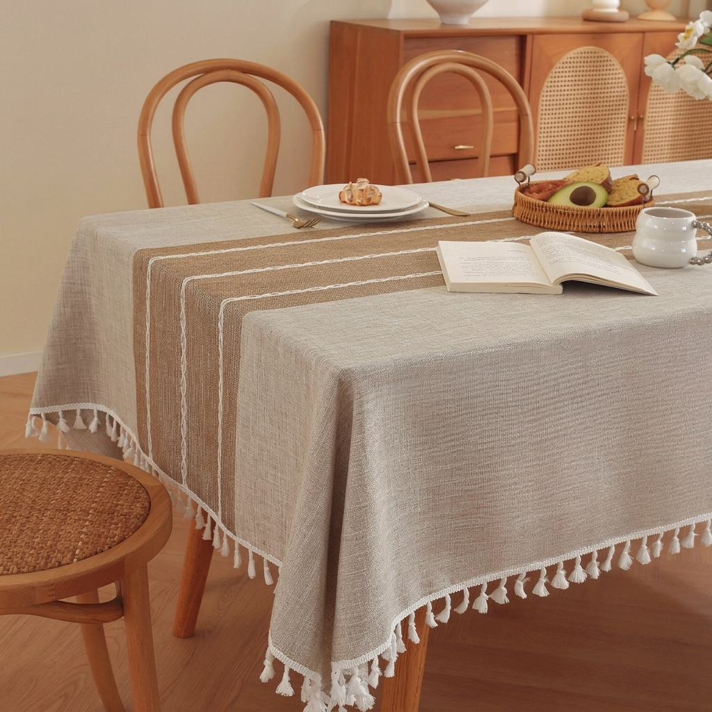 Linen Tablecloth with Geometric Pattern and Tassels