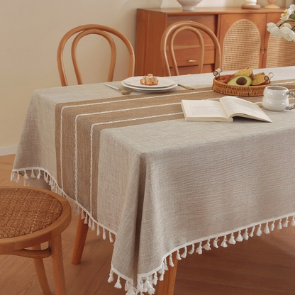 Linen Tablecloth with Geometric Pattern and Tassels