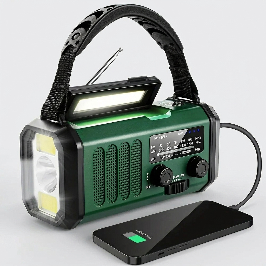 10000 mAh Emergency Radio with Solar Power, Hand Crank, AM/FM & SOS Alarm