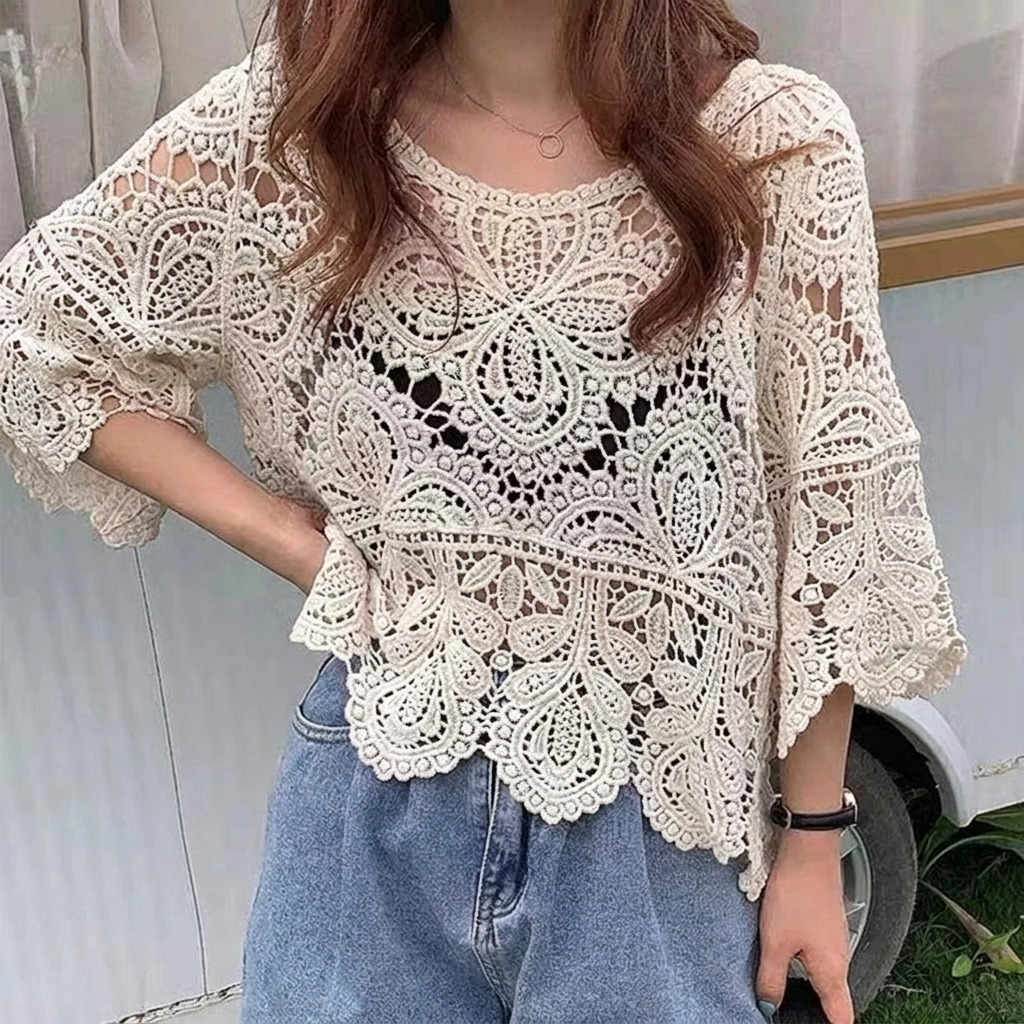 Lace Blouse with Openwork Detail