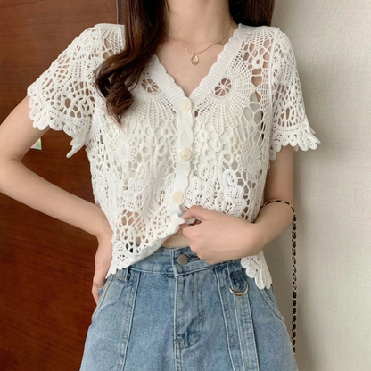 Lace Blouse with Openwork Detail