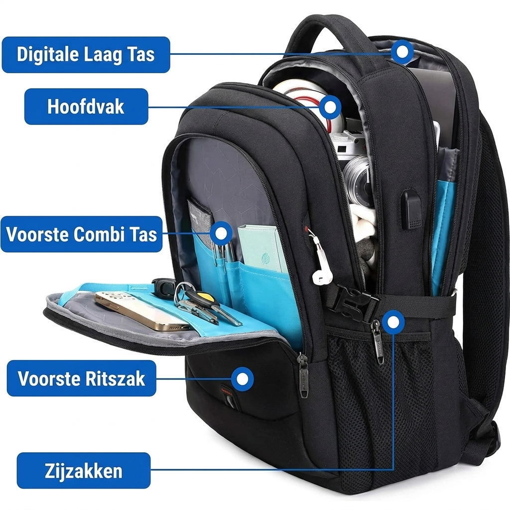 Zaino impermeabile per laptop e viaggi con scomparti organizzati.