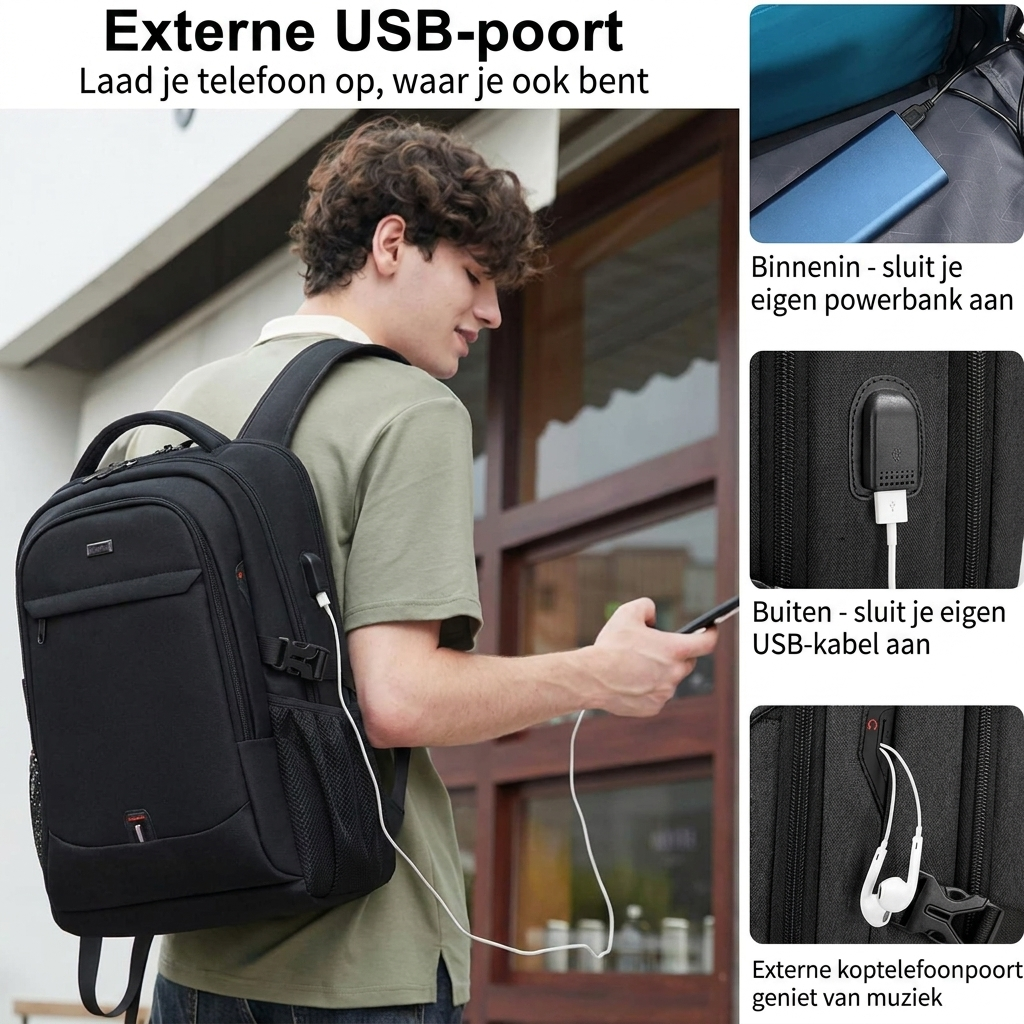 Zaino impermeabile per laptop e viaggi con scomparti organizzati.