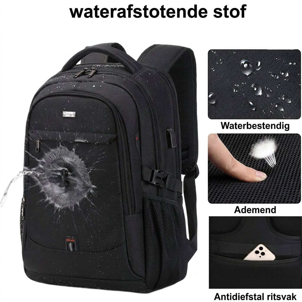 Zaino impermeabile per laptop e viaggi con scomparti organizzati.