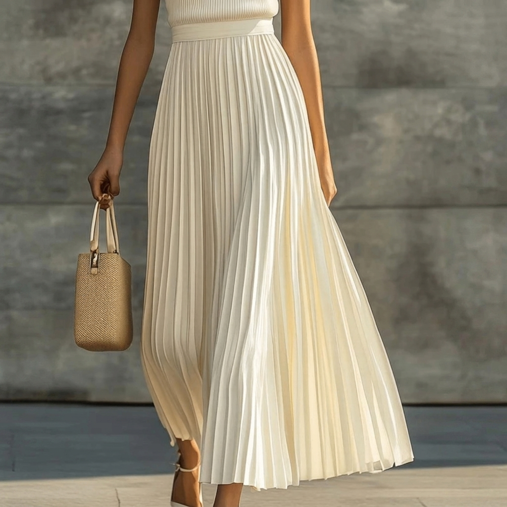 Abito lungo plissettato crema elegante da donna