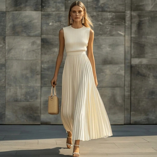 Vestido largo plisado crema elegante para mujer