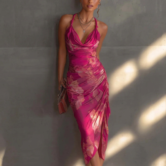 Vestido midi plisado con estampado floral y escote cascada