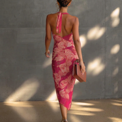 Pleated Midi Dress with Floral Print and Waterfall Neckline