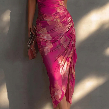 Pleated Midi Dress with Floral Print and Waterfall Neckline