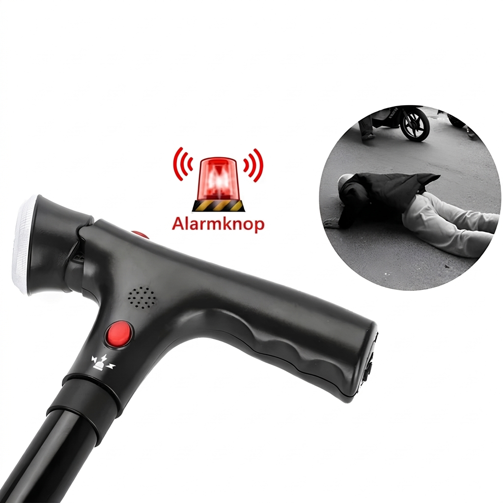 Foldable Walking Stick with Dual Handles, Alarm, and Light