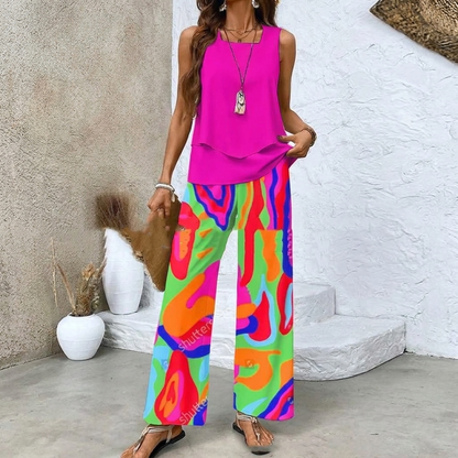 Ladies Print Suit Set - Sleeveless Double Layer Vest & Loose Straight Pants