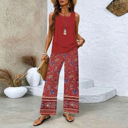 Ladies Print Suit Set - Sleeveless Double Layer Vest & Loose Straight Pants