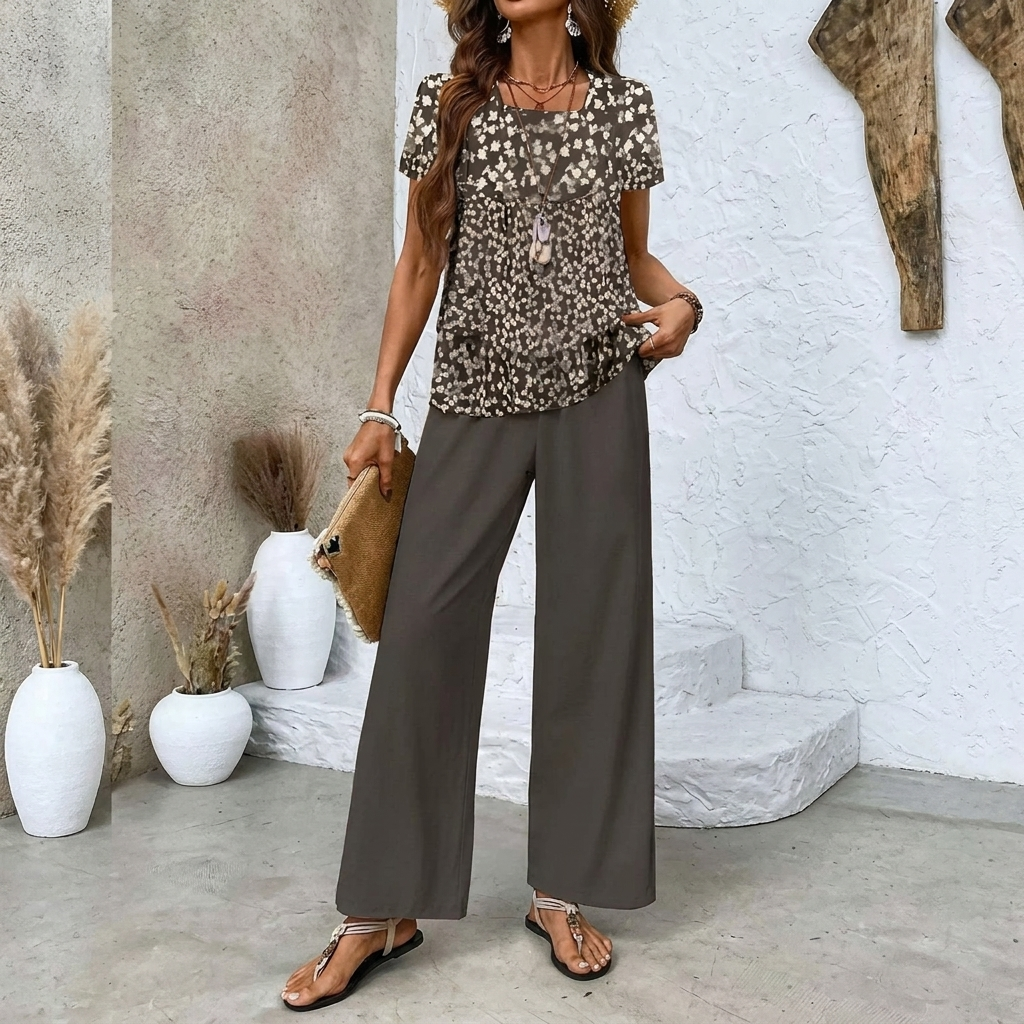 Ladies Print Suit Set - Sleeveless Double Layer Vest & Loose Straight Pants