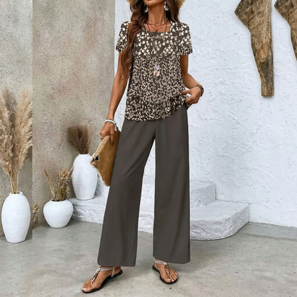 Ladies Print Suit Set - Sleeveless Double Layer Vest & Loose Straight Pants