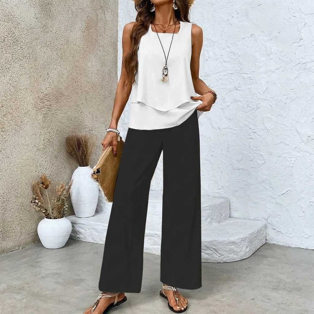 Ladies Print Suit Set - Sleeveless Double Layer Vest & Loose Straight Pants