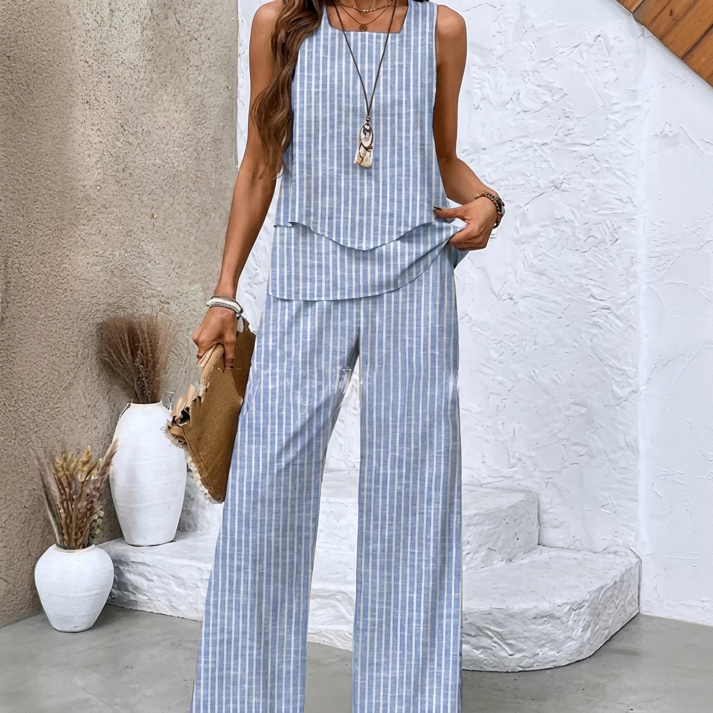 Ladies Print Suit Set - Sleeveless Double Layer Vest & Loose Straight Pants