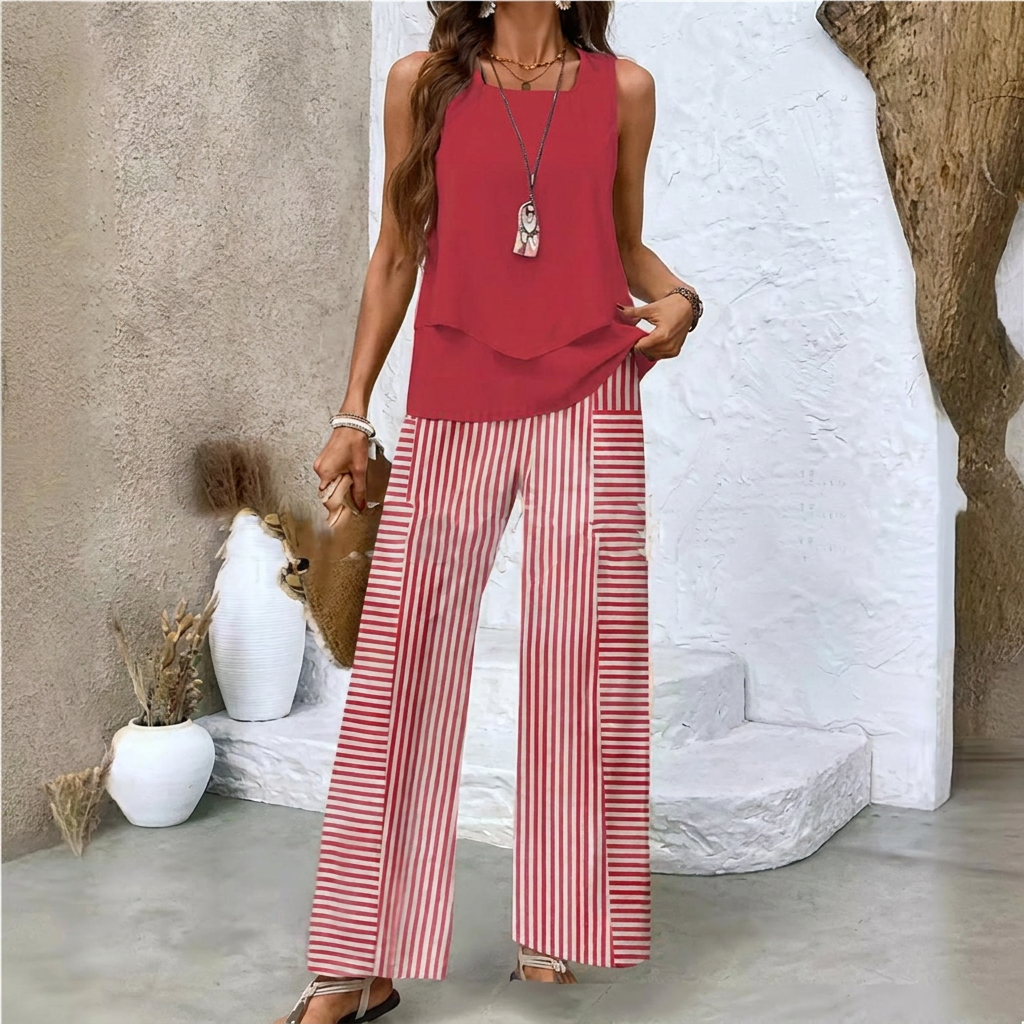Ladies Print Suit Set - Sleeveless Double Layer Vest & Loose Straight Pants