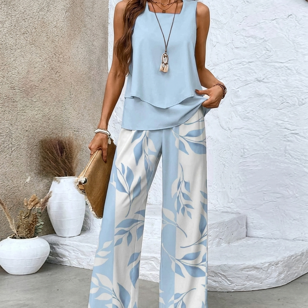 Ladies Print Suit Set - Sleeveless Double Layer Vest & Loose Straight Pants