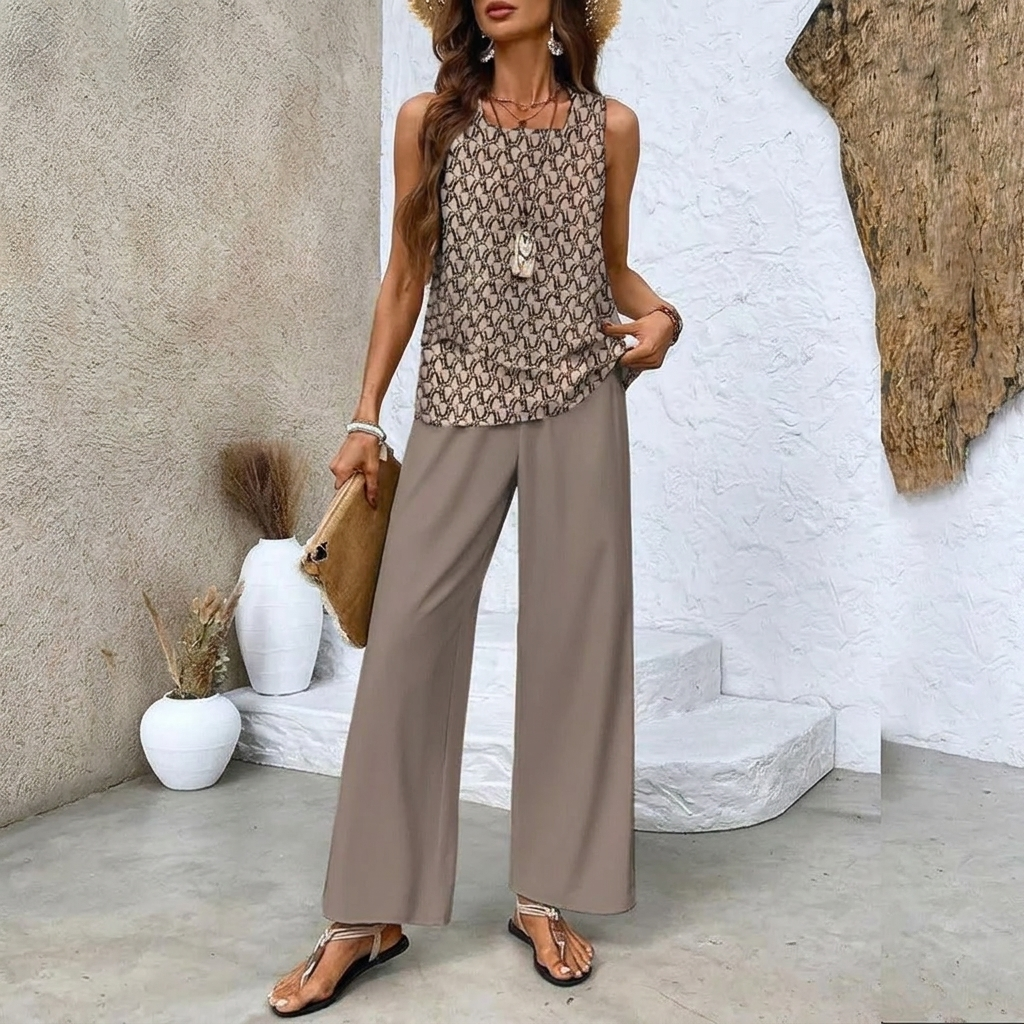 Ladies Print Suit Set - Sleeveless Double Layer Vest & Loose Straight Pants