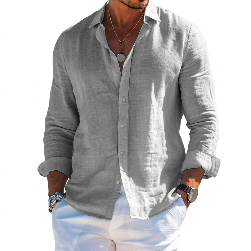 Solid Color Men's Shirt with Lapels and Long Sleeves for the Beach