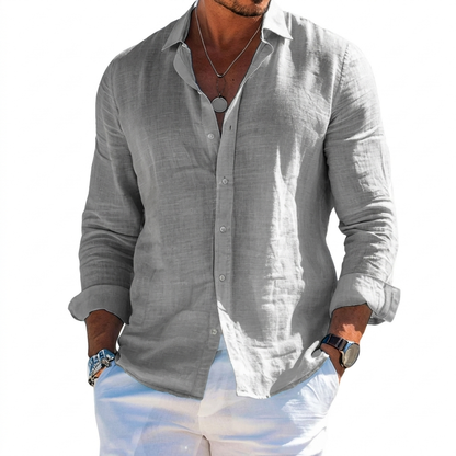 Solid Color Men's Shirt with Lapels and Long Sleeves for the Beach