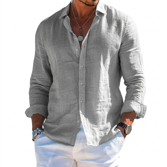 Camisa para hombre de color sólido con solapas y mangas largas para la playa