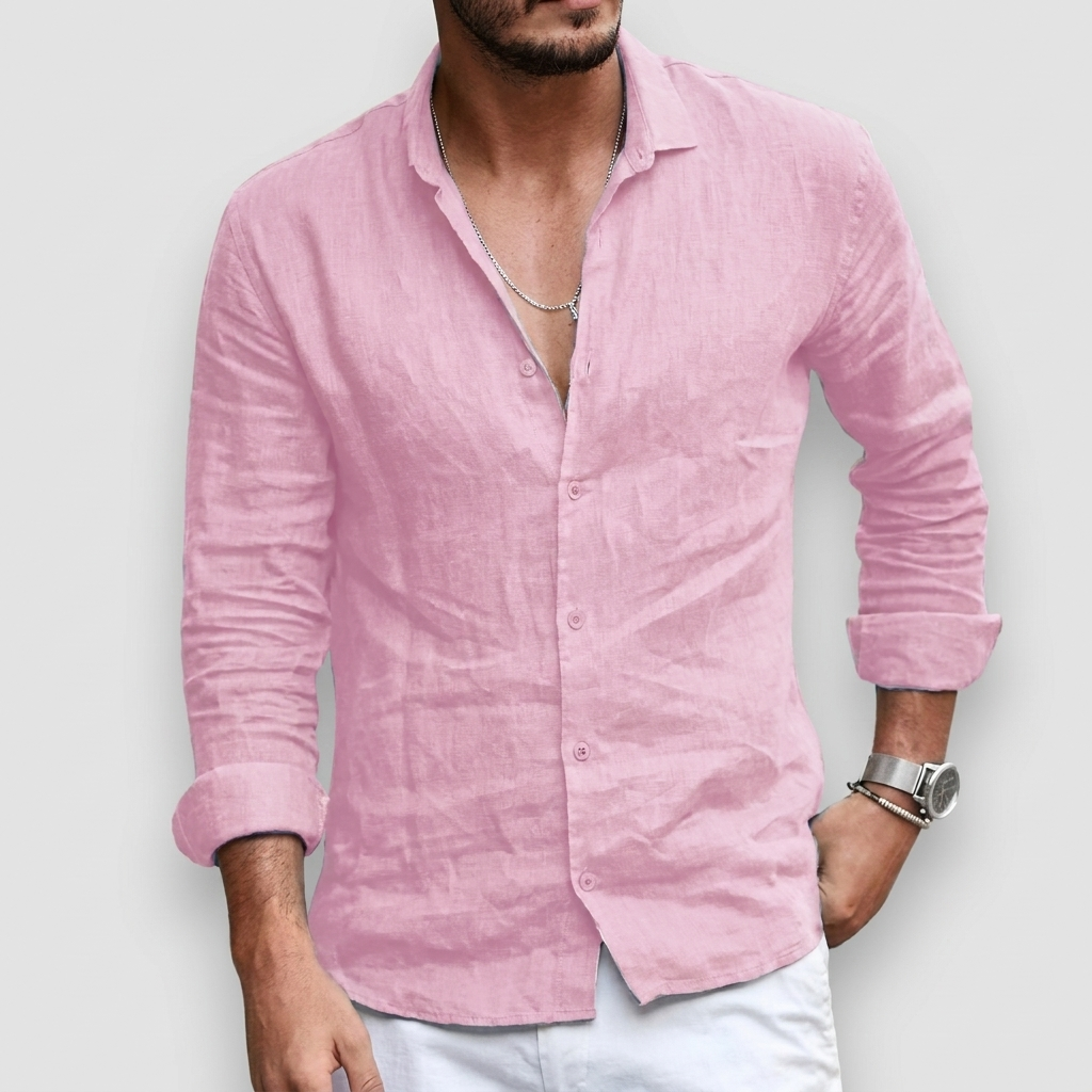 Solid Color Men's Shirt with Lapels and Long Sleeves for the Beach