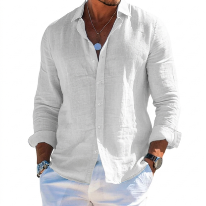 Solid Color Men's Shirt with Lapels and Long Sleeves for the Beach