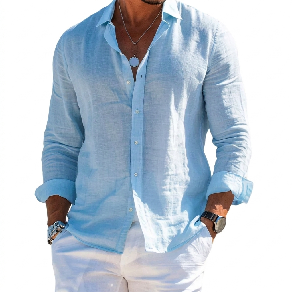 Solid Color Men's Shirt with Lapels and Long Sleeves for the Beach