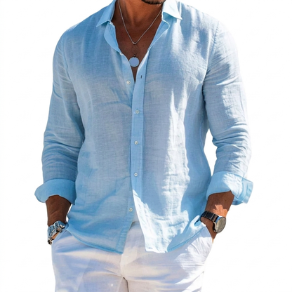 Solid Color Men's Shirt with Lapels and Long Sleeves for the Beach