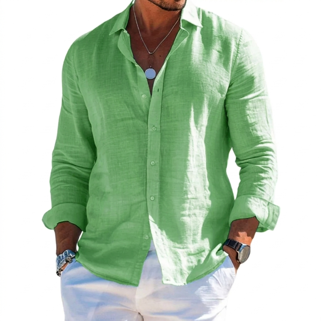 Solid Color Men's Shirt with Lapels and Long Sleeves for the Beach