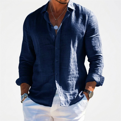 Solid Color Men's Shirt with Lapels and Long Sleeves for the Beach