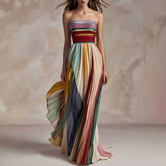 Vestido largo de mujer con escote bandeau, espalda descubierta y diseño estampado