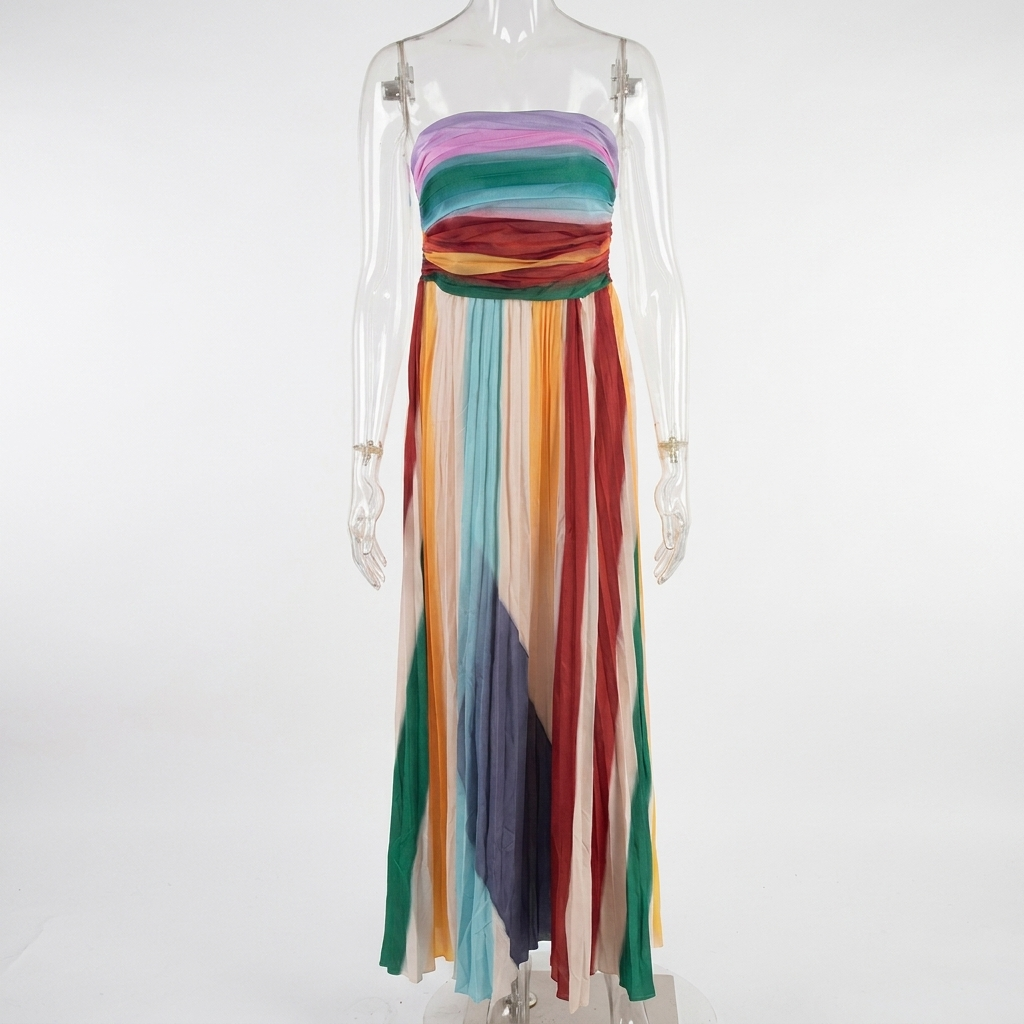 Ladies Maxi Dress with Bandeau Neckline, Open Back, and Printed Design