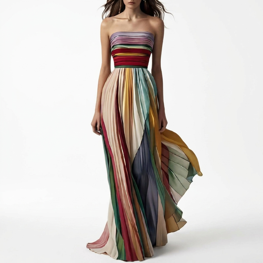 Ladies Maxi Dress with Bandeau Neckline, Open Back, and Printed Design