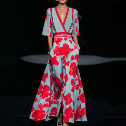 Maxi Dress Ladies Floral Print V-Neck Split