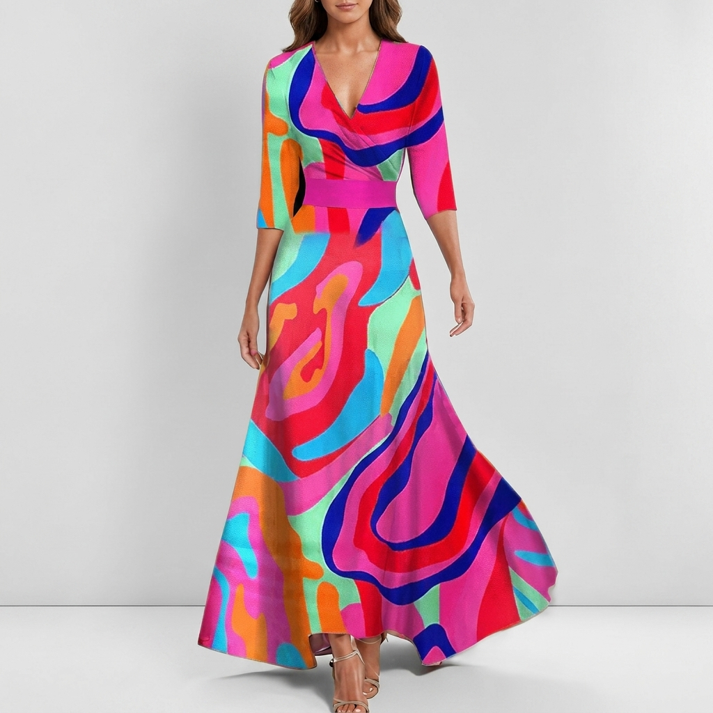 Dress with Cross V-Neck 3/4 Sleeves