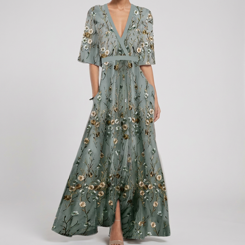 Dress with Cross V-Neck 3/4 Sleeves