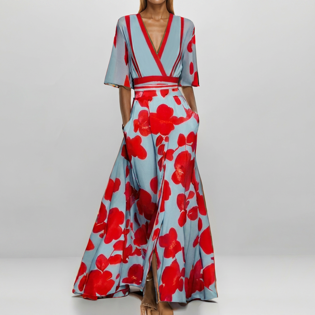 Dress with Cross V-Neck 3/4 Sleeves