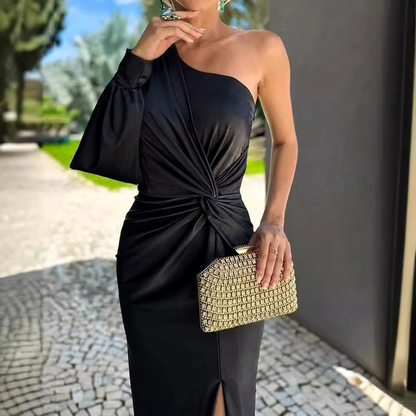 Ladies' Dress with Diagonal Shoulder Button, Split and Solid Color, Slim Fit